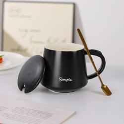 传旗 陶瓷杯大容量马克杯带勺带盖哑光黑