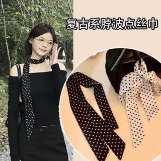歌米诺 复古系脖黑色波点丝巾女新款高级感韩系长条飘带百搭领巾发带 活动特卖