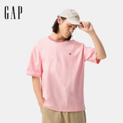 Gap 男女装春季款纯棉小熊刺绣撞色圆领短袖T恤上衣724970 淡粉色 L (175/96A) 亚洲尺码