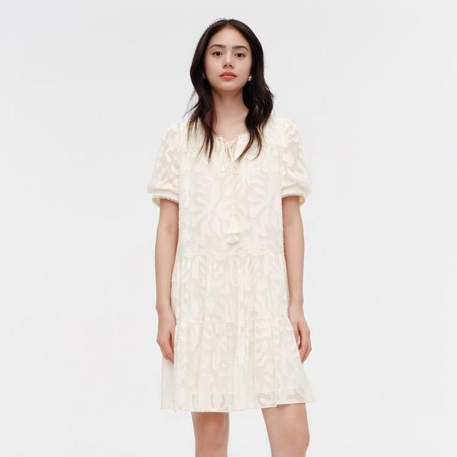 红袖 夏季女装肌理感剪花系带圆领套头连衣裙