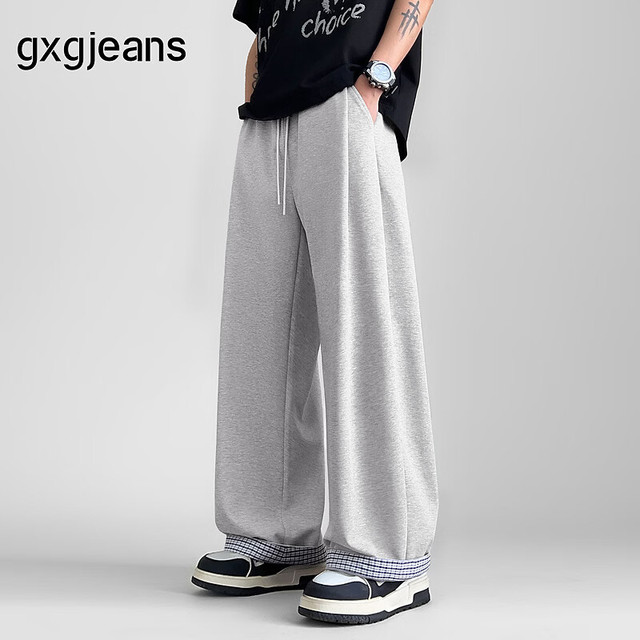 gxgjeans 26夏新品 美式格纹拼接宽松休闲裤 麻灰色