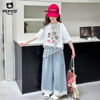 小猪班纳 夏季短袖裤子套装印花T恤中大童天丝麻阔腿裤 套装 160