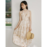 自巧 小个子度假吊带连衣裙女2024夏装新款法式收腰短袖中长a字裙