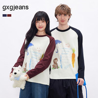 gxgjeans 26春新品 美式潮流印花宽松休闲圆领长袖T恤 酒红色