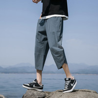 月伊纺 夏季新款棉麻七分裤男亚麻马裤青年百搭100%纯棉休闲裤男哈伦裤