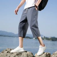 月伊纺 夏季新款棉麻休闲裤男士亚麻裤潮流百搭100%纯棉七分裤青年直筒裤