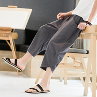 月伊纺 夏季棉麻休闲裤男100%纯棉七分裤青年速干沙滩裤男薄款直筒亚麻裤