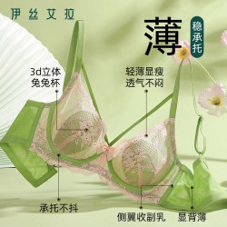 伊丝艾拉 大胸显小内衣女夏薄款收副乳聚拢防下垂透气蕾丝性感文胸