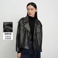 限尺码：SINBOS 机车皮衣女短款优质羊皮翻领春季时尚真皮夹克休闲皮外套