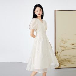 秋水伊人 新中式V领斜襟雪纺收腰绣花连衣裙有型气质国风裙子