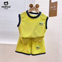 小猪班纳 儿童夏季套装新款短袖两件套运动服男童休闲宽松韩系童装女童衣服 华夫格-黄色背心套装