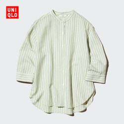 优衣库 麻混纺条纹立领衬衫/七分袖女装/通勤衬衣483874
