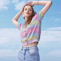 限尺码：cocoon 海滨度假高级春夏时尚百搭女V领短套头金属纽扣装彩虹渐变针织衫