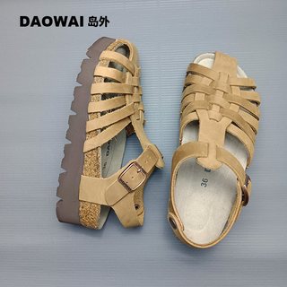  岛外 头层牛皮 女士凉鞋 黑色厚底 34
