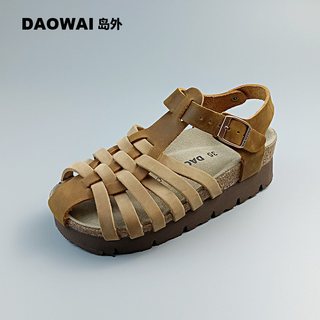  岛外 头层牛皮 女士凉鞋 黑色厚底 34