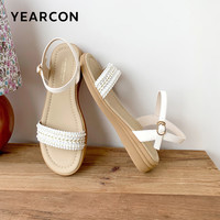 意尔康 女鞋2026夏季新款度假风一字带凉鞋女时尚编织坡跟凉鞋妈妈凉鞋 米白 36