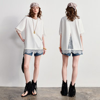 初语 拼接蕾丝后开叉 女士T恤