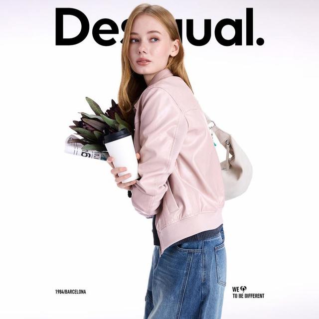 Desigual 明星同款 女士皮衣 下摆针织拼接粉色长袖