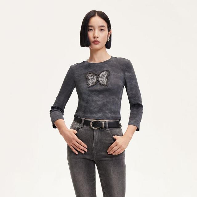 VERO MODA 女士七分袖短款T恤 蝴蝶图案毛边