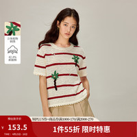 茵曼 手钩刺绣镂空条纹针织衫