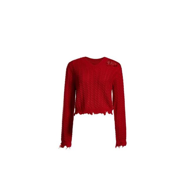 欧时力 女士春装宽松毛衣 磨边复古V领