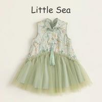 QITA 女童国风满印连衣裙夏装新款汉服裙女宝宝网纱公主裙中式演出服 绿色拼接裙 90