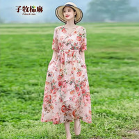 子牧棉麻 女士V领碎花连衣裙 Z24XH006713