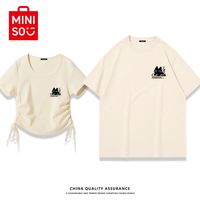 名创优品 日系小猫情侣短袖男夏季甜辣短款设计感抽绳t恤女