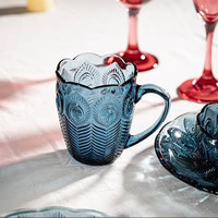 乐唯诗 玻璃杯ins风孔雀浮雕带把马克杯冰美式咖啡拿铁杯早餐牛奶杯水杯 孔雀翎杯 300ml 1只