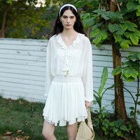 自巧 小个子法式荷叶边串珠雪纺A字裙短款连衣裙女2026年春季新品