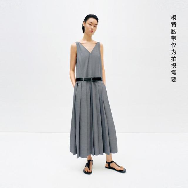 edition 连衣裙女无袖V领羊毛背心裙西装百褶长裙配腰带