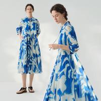 言 文艺印花系带立领七分袖丝棉连衣裙夏季
