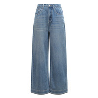 PLUS会员：朵以 女士时尚水洗皮标显瘦高腰阔腿牛仔裤