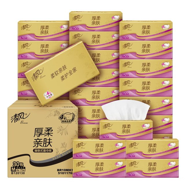 移动端、京东百亿补贴：清风 原木纯品金装系列 抽纸 3层*100抽*30包(190*132mm)