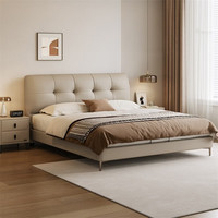  QuanU/全友 头层牛皮软包靠背 真皮床+床头柜 【高脚床 | 卡其】 1.8米x2米