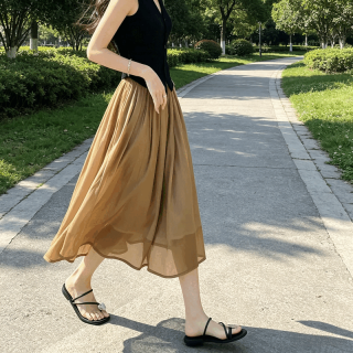 JIFANQIA流光半身裙女夏季新款高腰显瘦a字半裙长裙垂坠感网纱裙