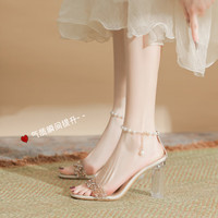 百丽踏 法式透明水钻凉鞋女夏季2025新款仙女风水晶粗高跟鞋 杏色6厘米 38
