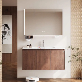 顾家家居 ENF级实木款 中古风陶瓷一体盆 洗漱台浴室柜组合80cm-智能镜片-照明除雾 包安装/上门