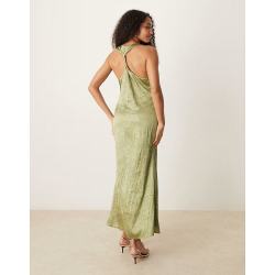 asos 香港直邮ASOS 女士 racer 设计扭纹背褶皱缎面橄榄绿长款连衣裙