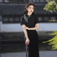 红舍 黑色刺绣旗袍2026春夏新款女复古民国风日常可穿新中式走秀连衣裙