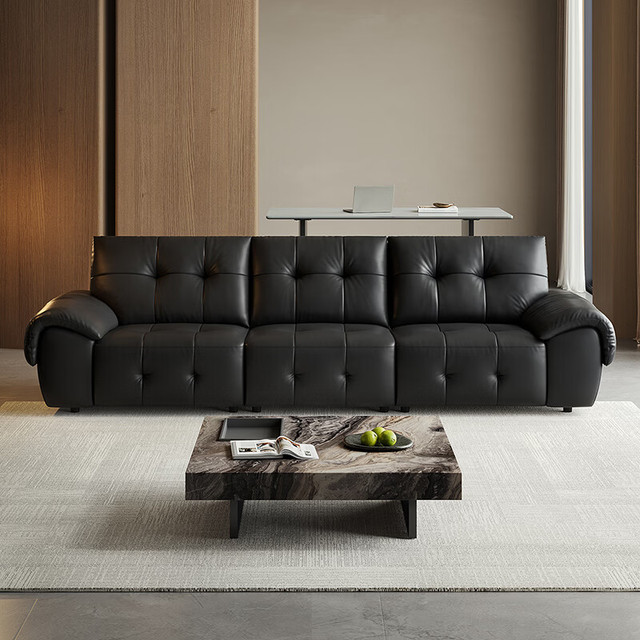 全友 家居 真皮沙发 3.1m 头层牛皮直排黑色 家用 轻奢高级感