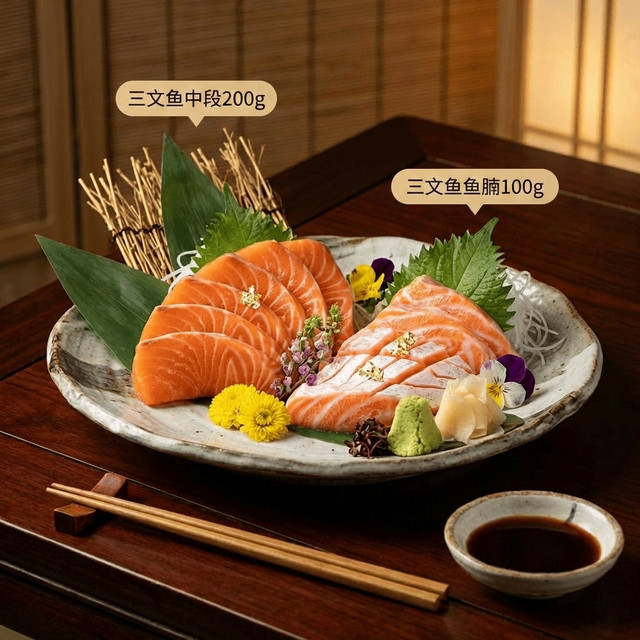 刺身级！黄金部位组合：崇鲜 挪威冰鲜三文鱼 中段200g+鱼腩100g