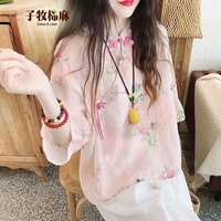 子牧棉麻 复古斜门襟系带盘扣 女士衬衫