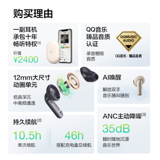 QQ音乐 畅听耳机10年免费音乐会员 真无线主动降噪蓝牙耳机入耳式长续航游戏运动耳机安卓苹果 民谣白