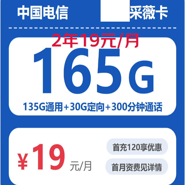 中国电信 2年19元/月165G全国流量300分钟