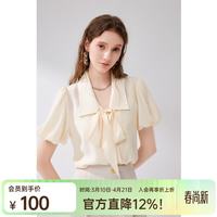 秋水伊人 飘带领复古泡泡袖衬衫2026年夏季新款女装气质甜美上衣 米黄