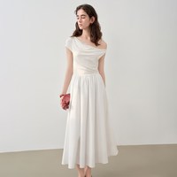  ZIQIAO/自巧 法式斜肩荡领蕾丝拼接 女士连衣裙