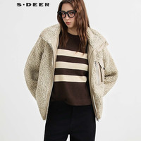 S.DEER S·DEER圣迪奥女装个性高领拼接立体口袋仿羊羔毛外套S21482228 浅红棕