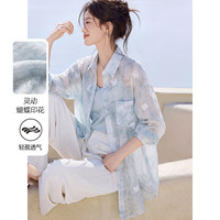 初申 夏季长袖衬衫女薄款蝴蝶刺绣晕染百搭显瘦外套上衣