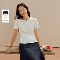 茵曼 法式简约撞色亨利领 女士T恤